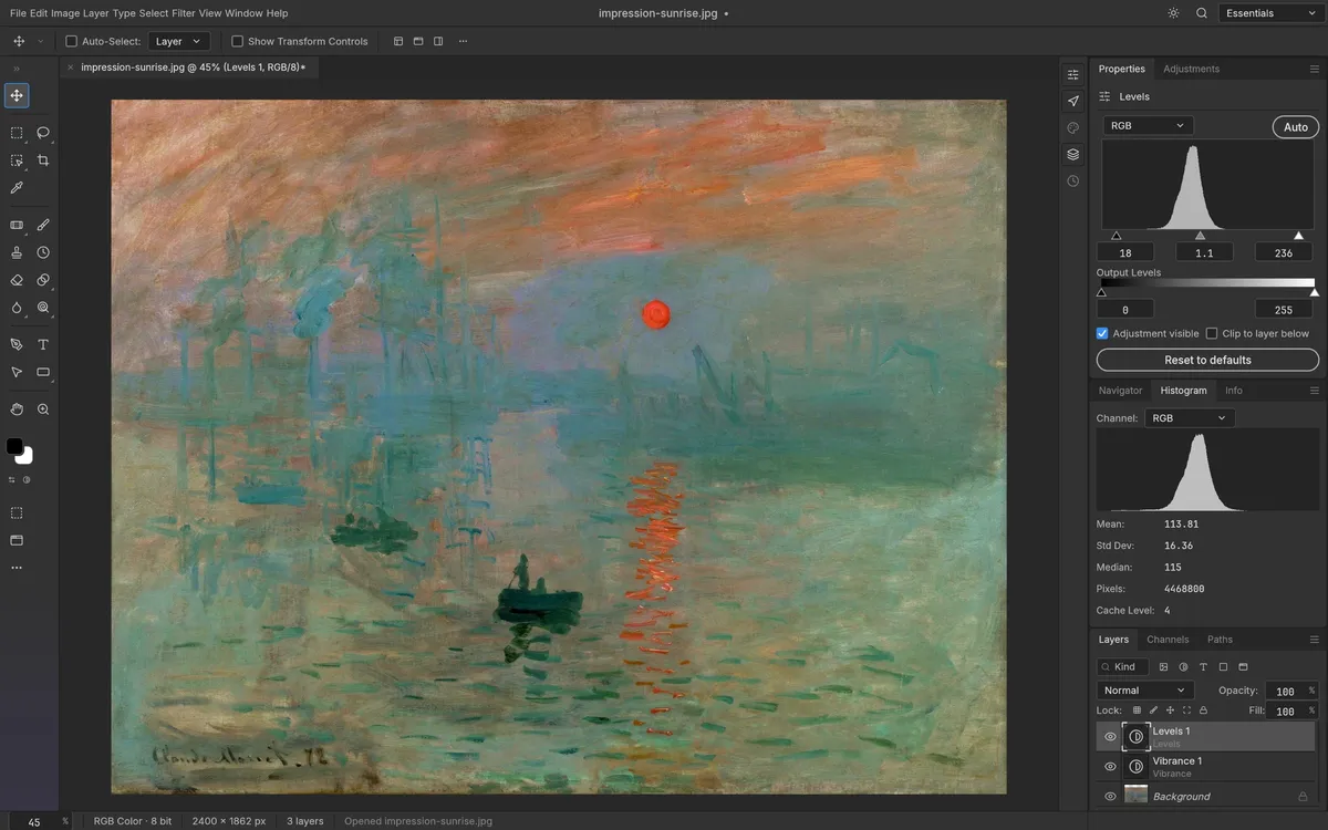 PhotoCraft showing adjustment layers and a histogram in its desktop interface